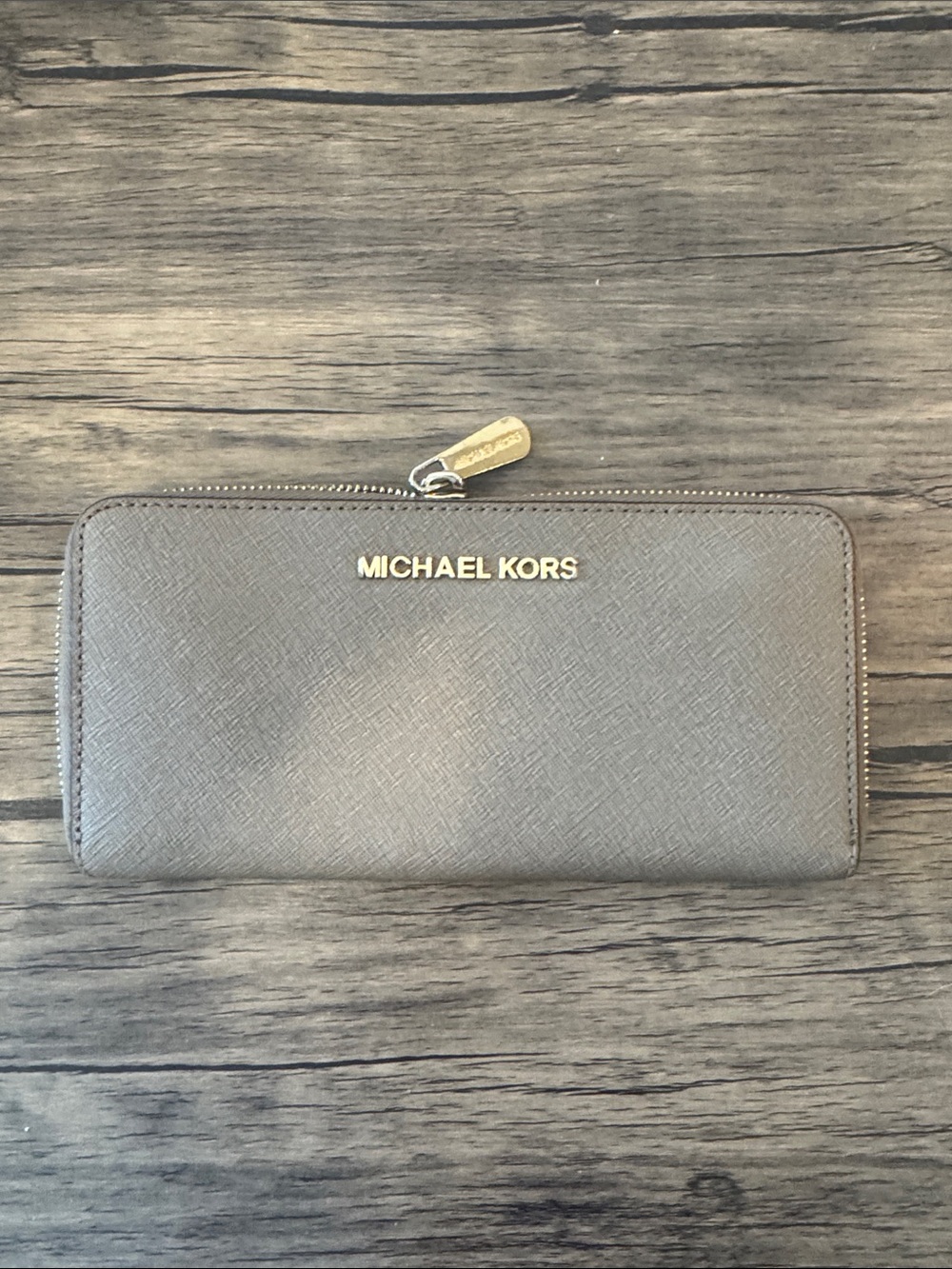 Michael Kors Zip-Around Wallet in Taupe Gray with Gold Hardware